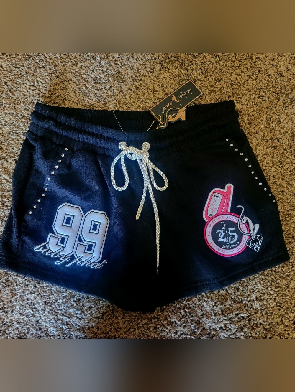 Baby Phat Black Athletic Shorts with Pink & White Patches New W Tag Med